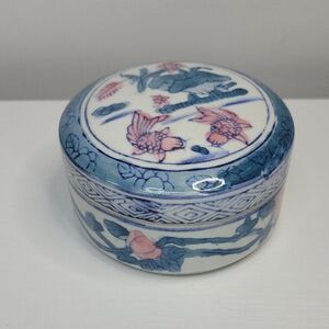 Vintage Blue and White Ceramic Trinket Box Filled With Earrings